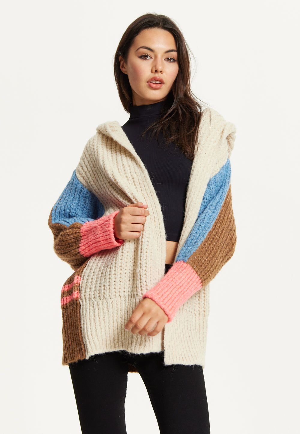 Wool Blend Colour Block Hooded Cardigan