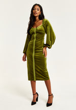 Liquorish Corset Detail Green Velvet Midi Dress