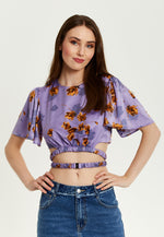 Liquorish Purple Floral Crop Top With Tie Detail