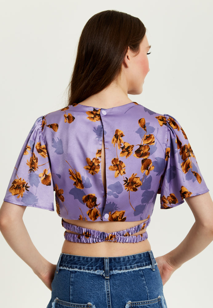 Liquorish Purple Floral Crop Top With Tie Detail