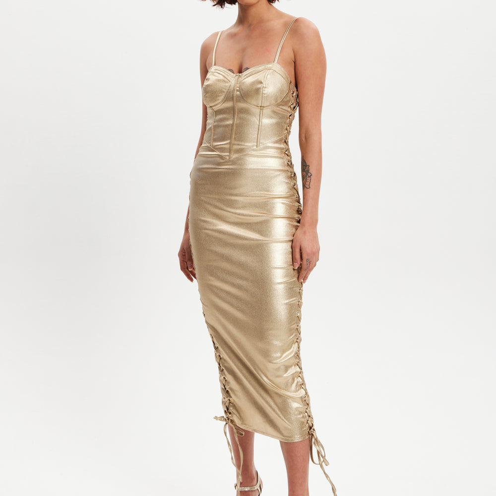 
                  
                    Liquorish Metallic Foil Gold Lycra Eyelet Dress
                  
                