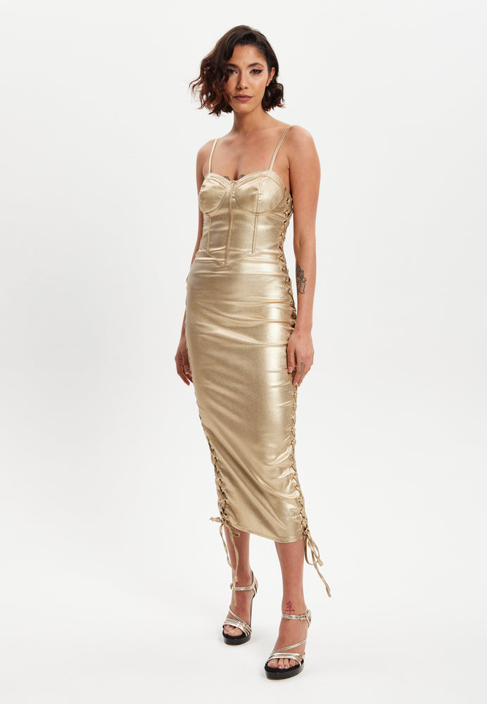Liquorish Metallic Foil Gold Lycra Eyelet Dress
