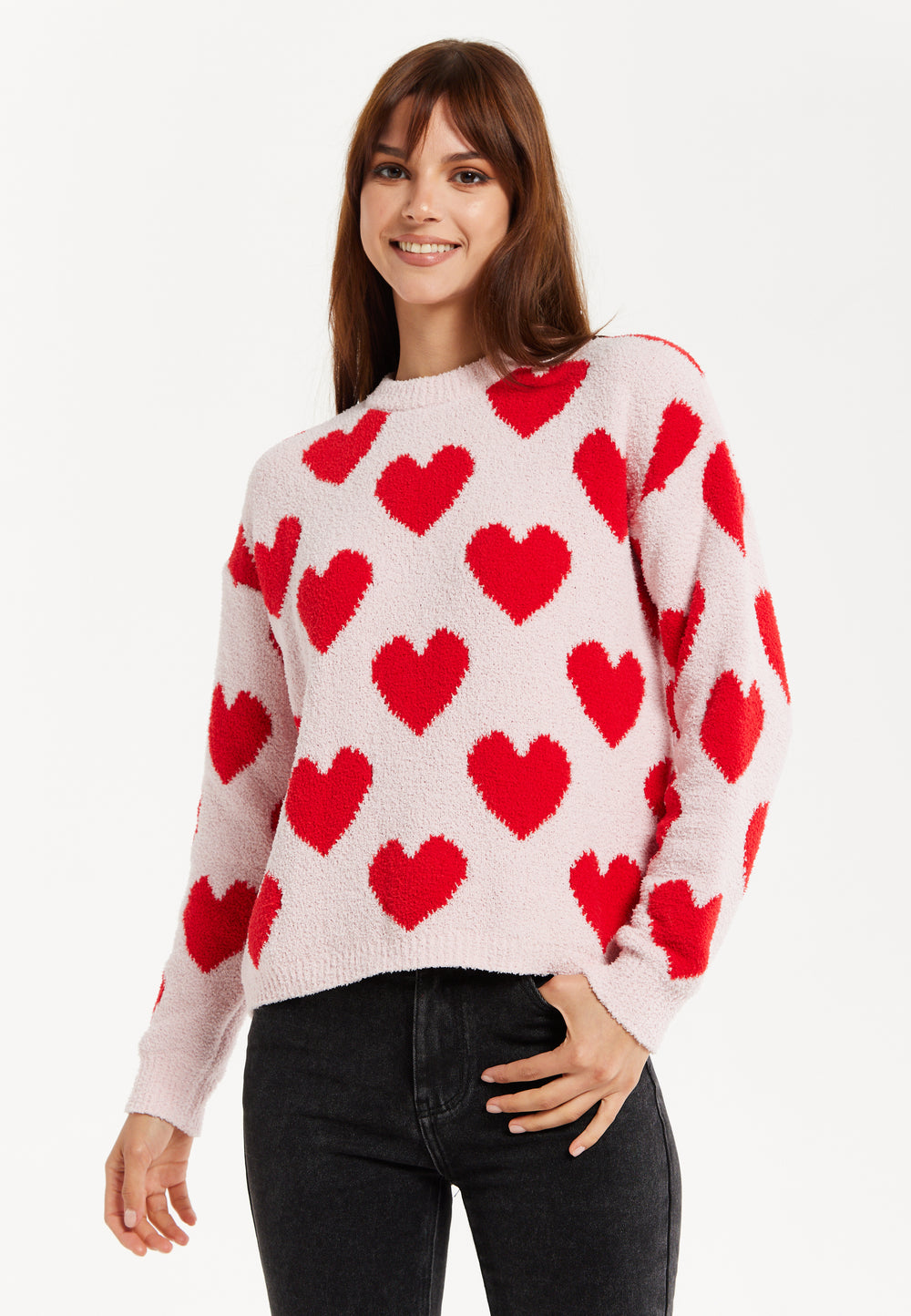 Women's Red Heart-Print Knit Jumper with Long Sleeves - Cozy and Playful Liquorish Design