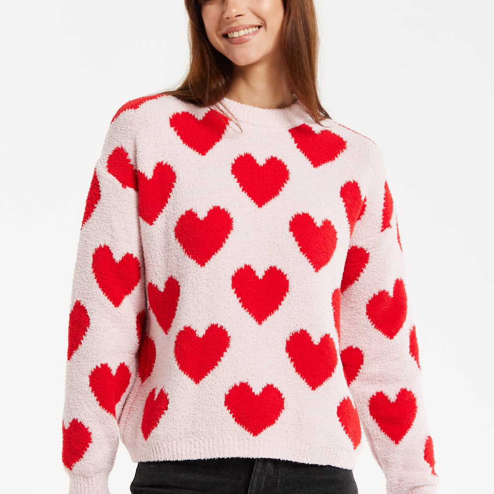 
                  
                    Women's Red Heart-Print Knit Jumper with Long Sleeves - Cozy and Playful Liquorish Design
                  
                