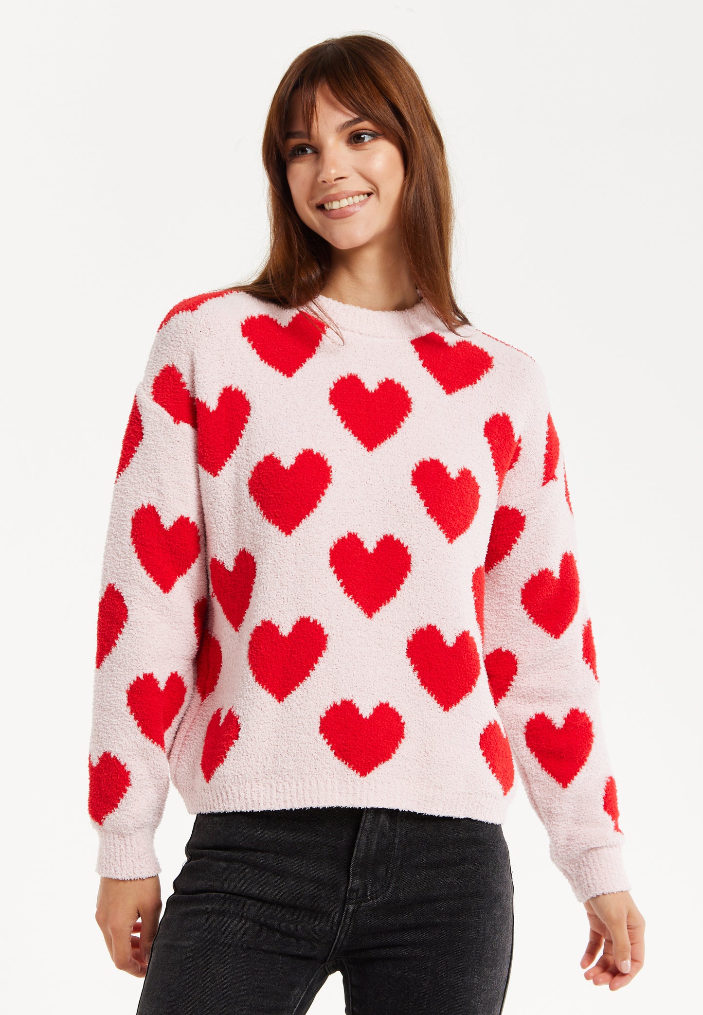 
                  
                    Women's Red Heart-Print Knit Jumper with Long Sleeves - Cozy and Playful Liquorish Design
                  
                