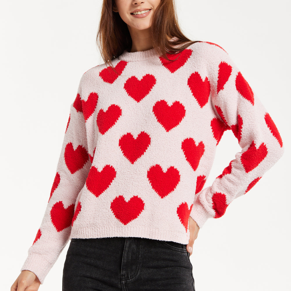 
                  
                    Women's Red Heart-Print Knit Jumper with Long Sleeves - Cozy and Playful Liquorish Design
                  
                