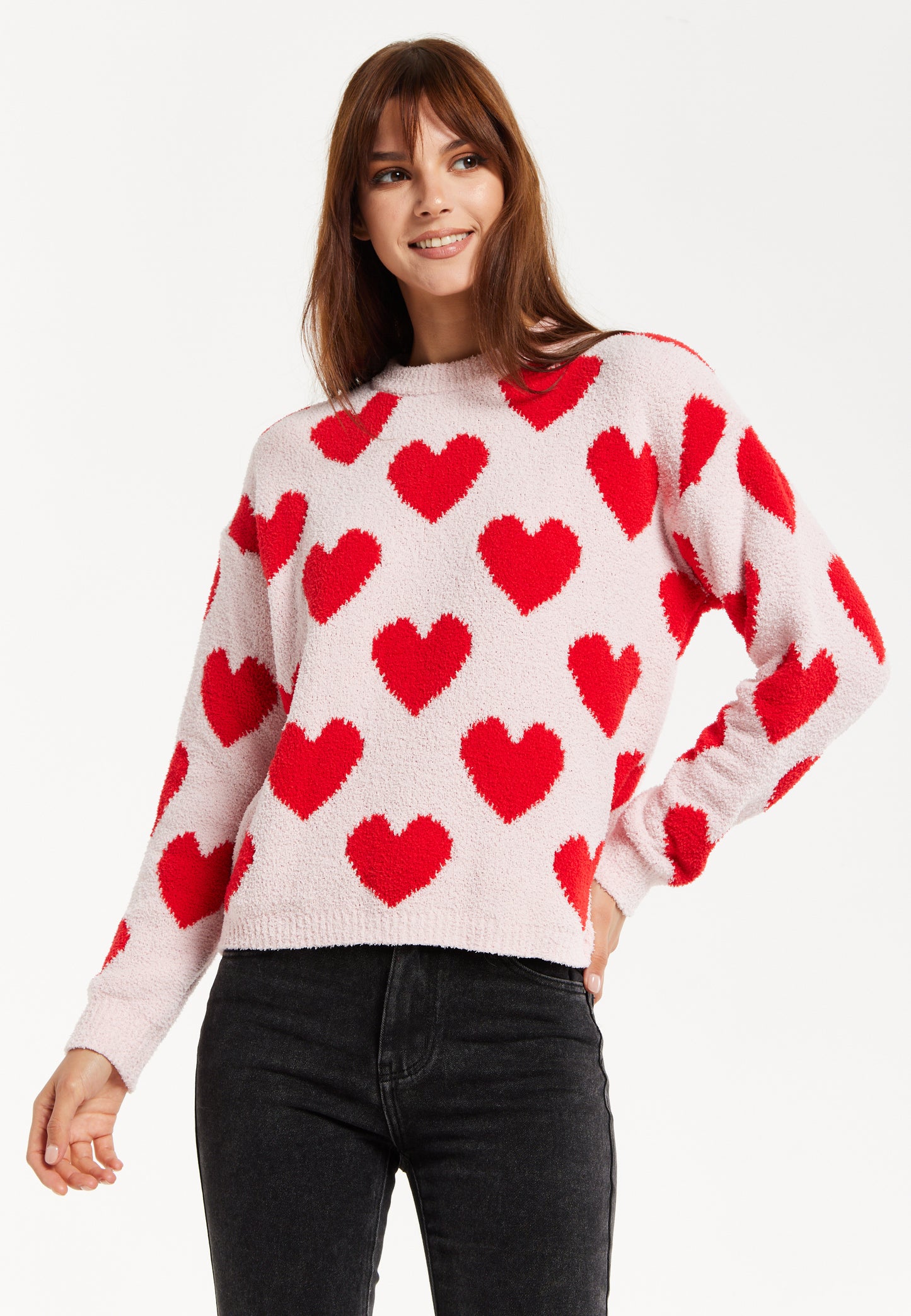 
                  
                    Women's Red Heart-Print Knit Jumper with Long Sleeves - Cozy and Playful Liquorish Design
                  
                