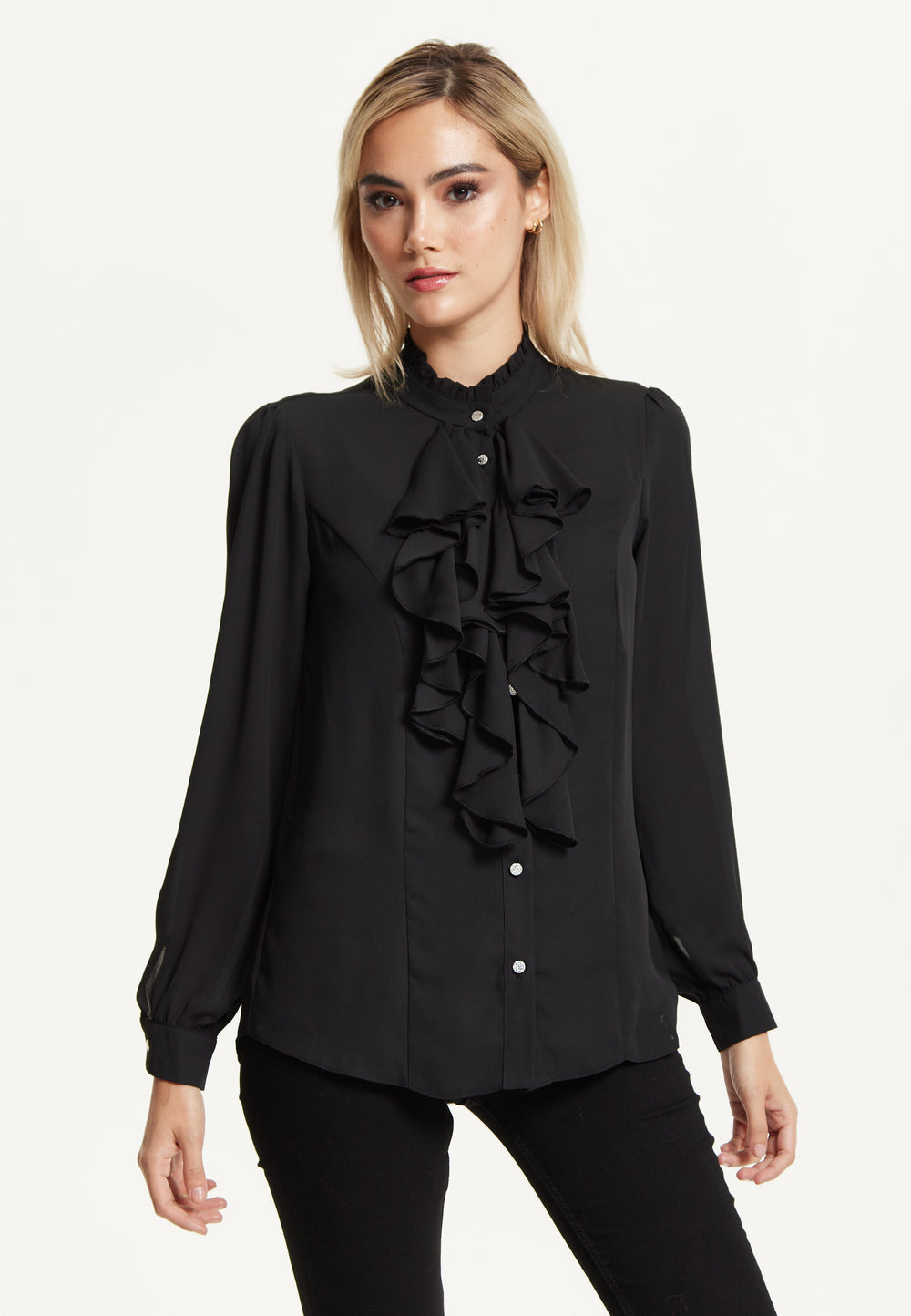 Black Ruffle Front Blouse