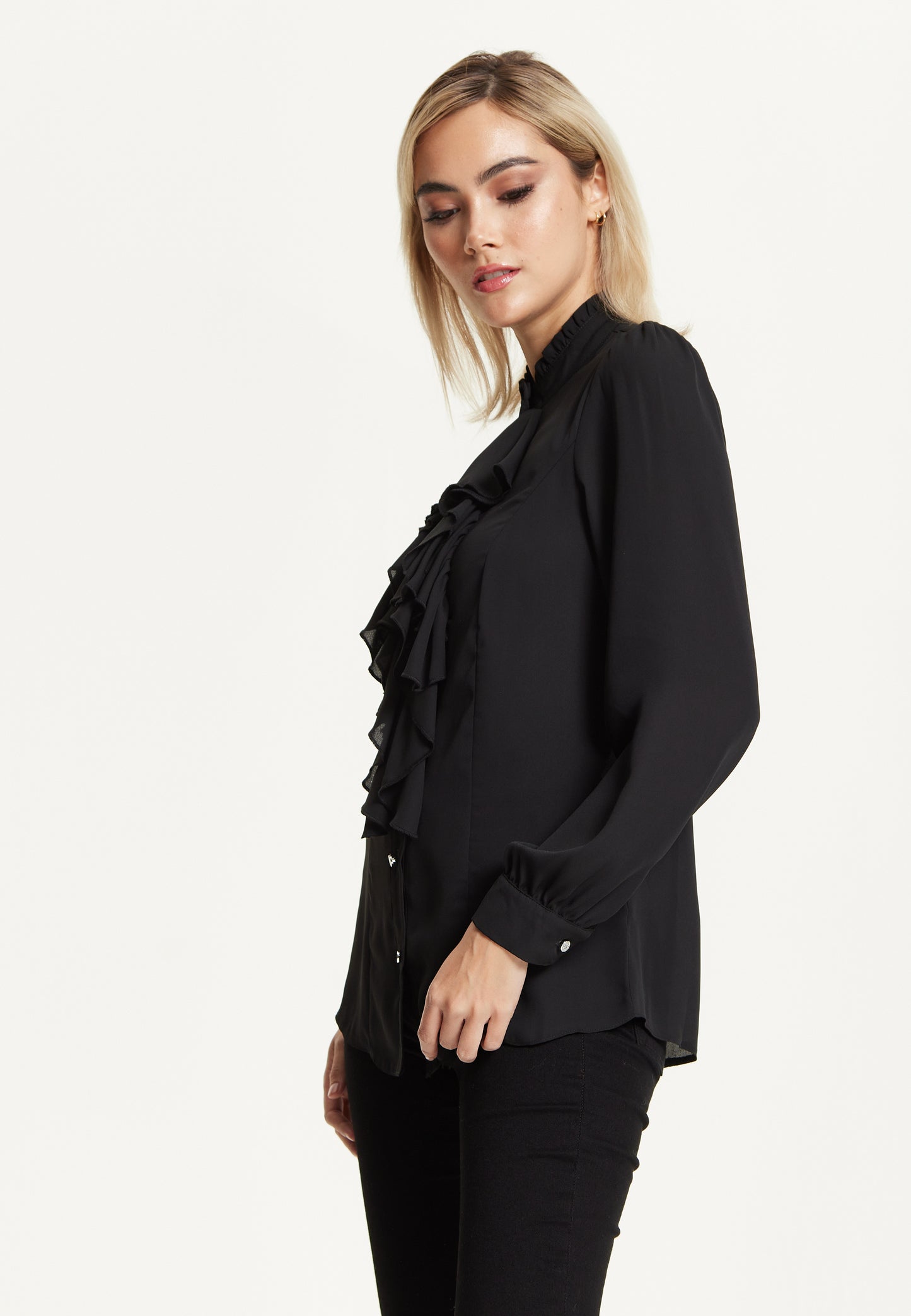 
                  
                    Black Ruffle Front Blouse
                  
                