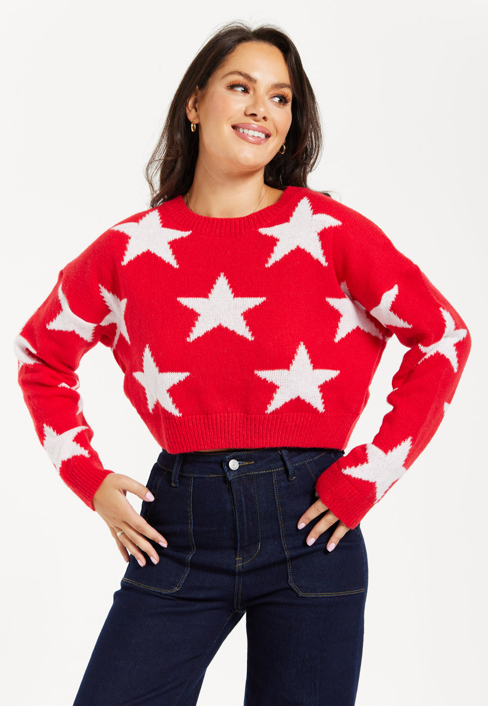 Women's Red Cropped Long Sleeve Jumper with Unique Star Pattern by Liquorish