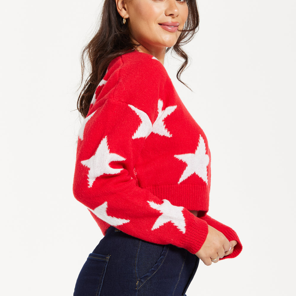 
                  
                    Women's Red Cropped Long Sleeve Jumper with Unique Star Pattern by Liquorish
                  
                