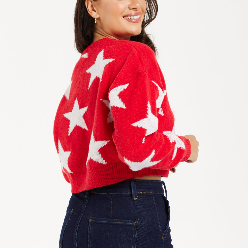 
                  
                    Women's Red Cropped Long Sleeve Jumper with Unique Star Pattern by Liquorish
                  
                