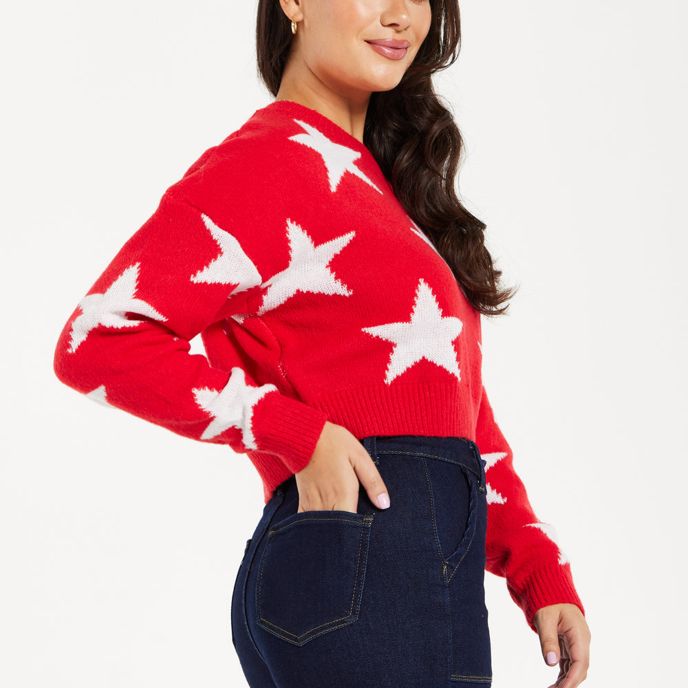 
                  
                    Women's Red Cropped Long Sleeve Jumper with Unique Star Pattern by Liquorish
                  
                