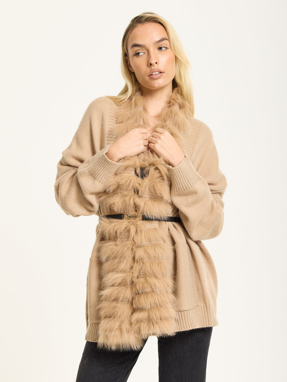 Camel Faux Fur Trim Belted Cardigan