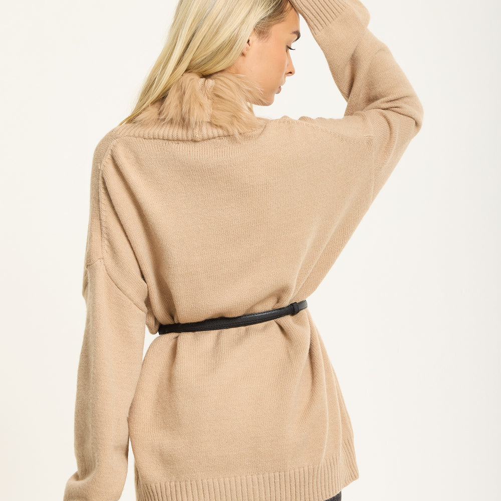 
                  
                    Camel Faux Fur Trim Belted Cardigan
                  
                