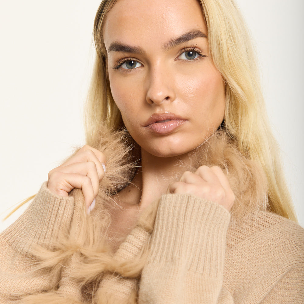 
                  
                    Camel Faux Fur Trim Belted Cardigan
                  
                