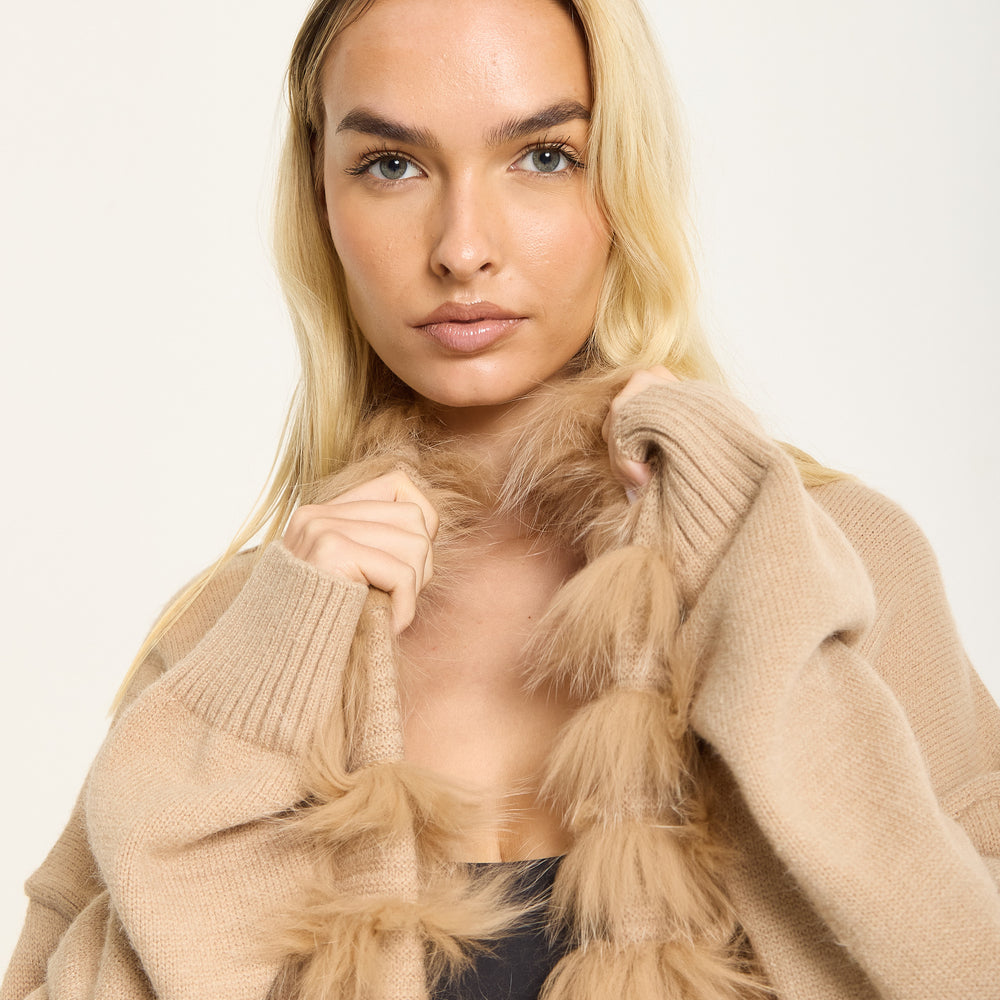 
                  
                    Camel Faux Fur Trim Belted Cardigan
                  
                