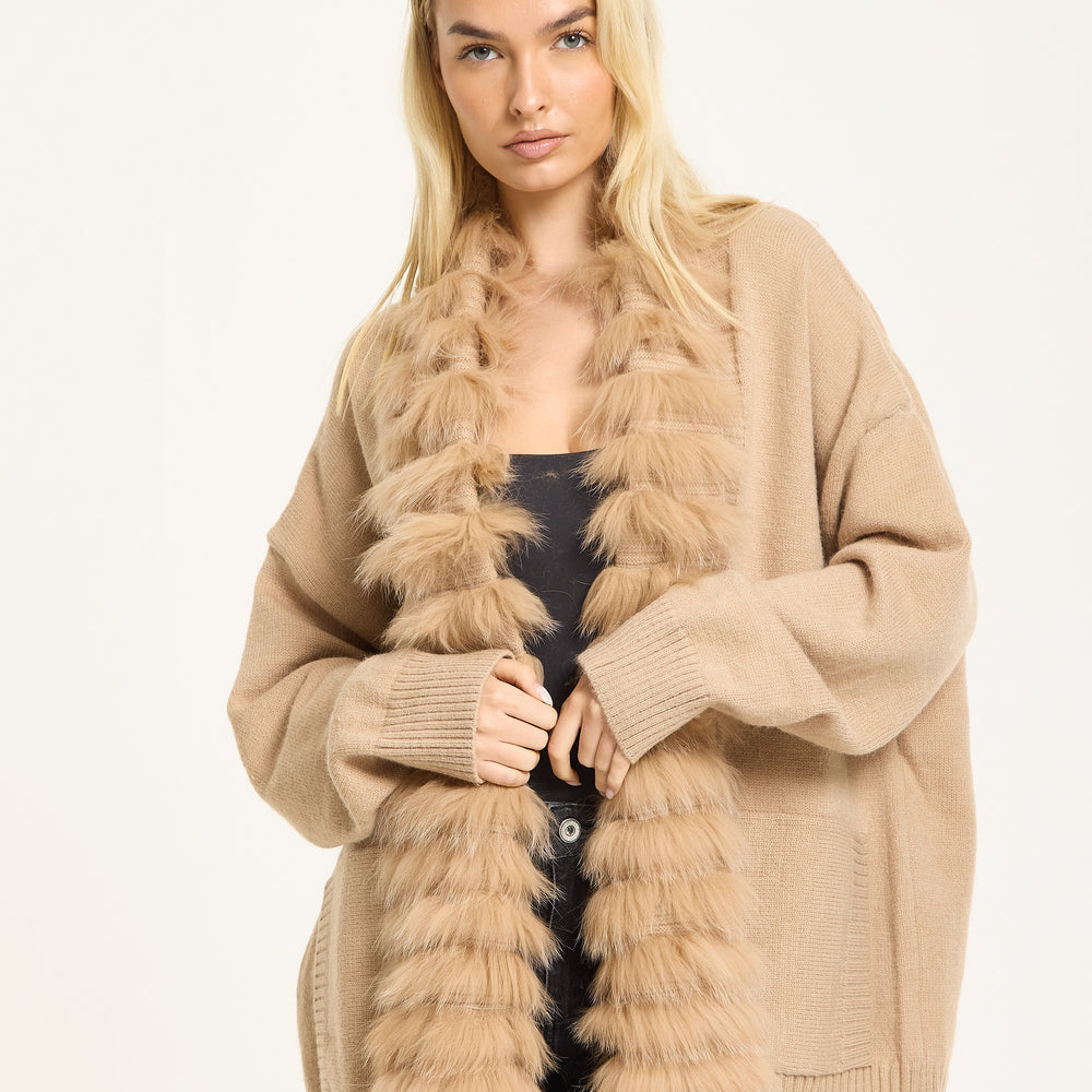 
                  
                    Camel Faux Fur Trim Belted Cardigan
                  
                