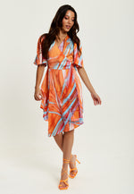 Liquorish Mini Abstract Print Wrap Dress in Orange