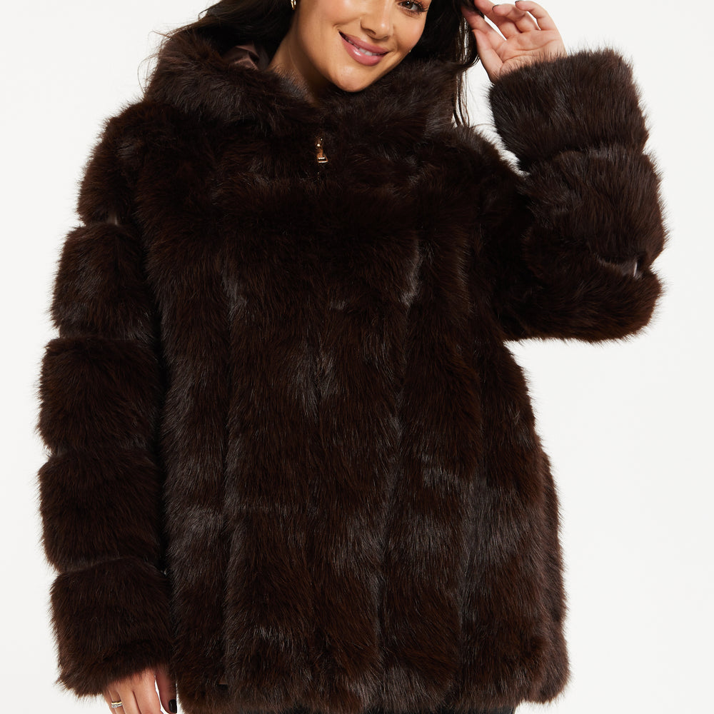 
                  
                    Women's Jacket in Luxe Chocolate Brown with Hood, Long Sleeve, Solid Pattern, Faux Fur by Liquorish
                  
                