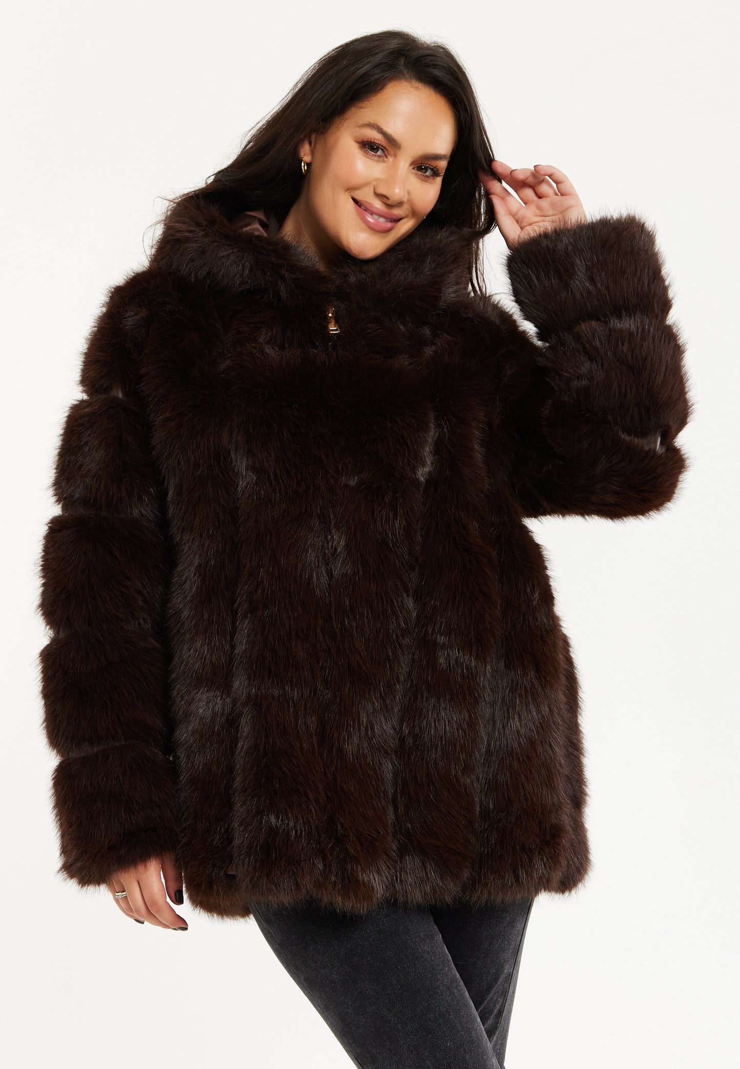 
                  
                    Women's Jacket in Luxe Chocolate Brown with Hood, Long Sleeve, Solid Pattern, Faux Fur by Liquorish
                  
                