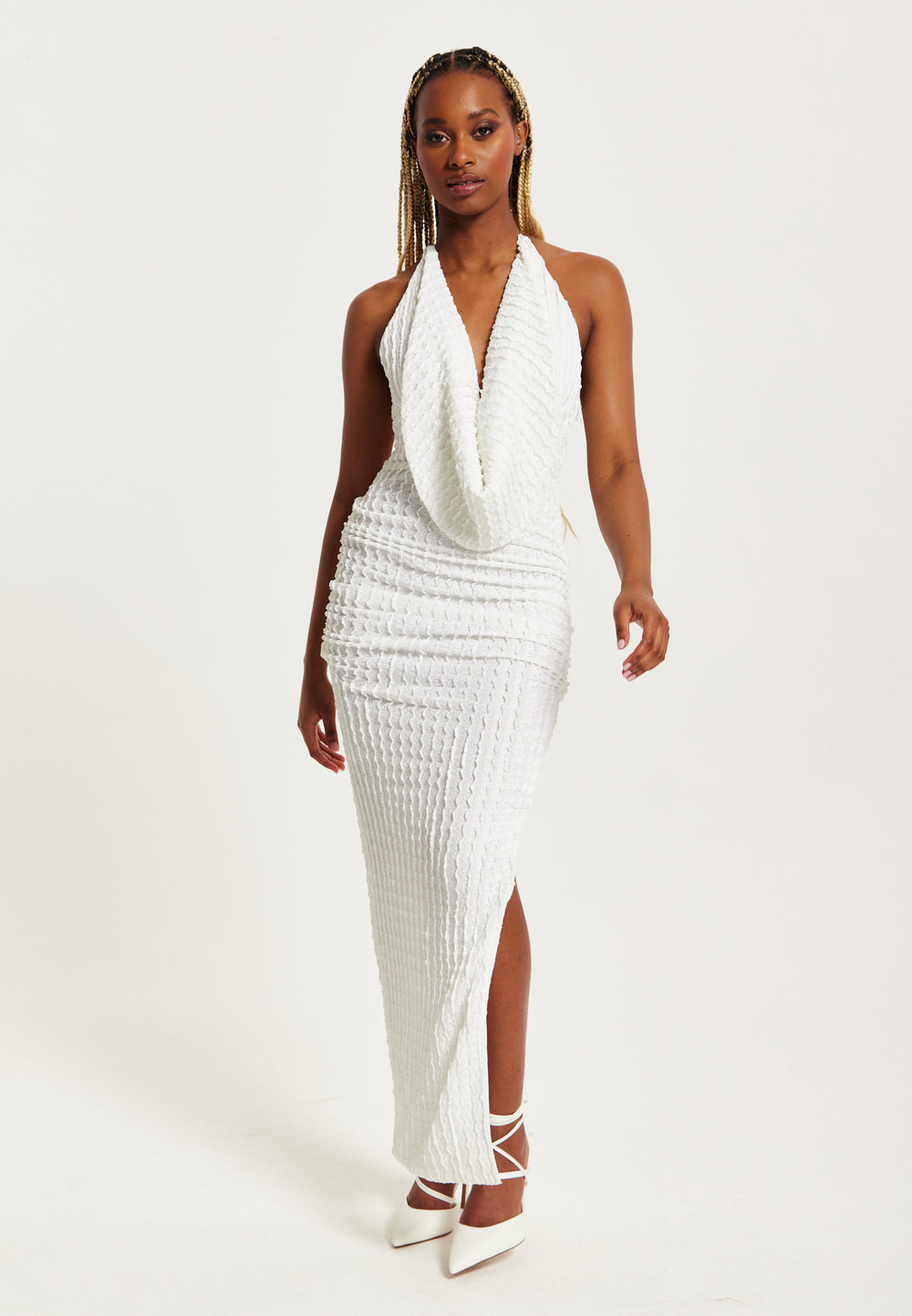 Women's Maxi Dress with Halter Neck and Deep V Neck in White - Bodycon Liquorish Online Women's Maxi Dress with Halter Neck and Deep V Neck in White - Bodycon Liquorish Online