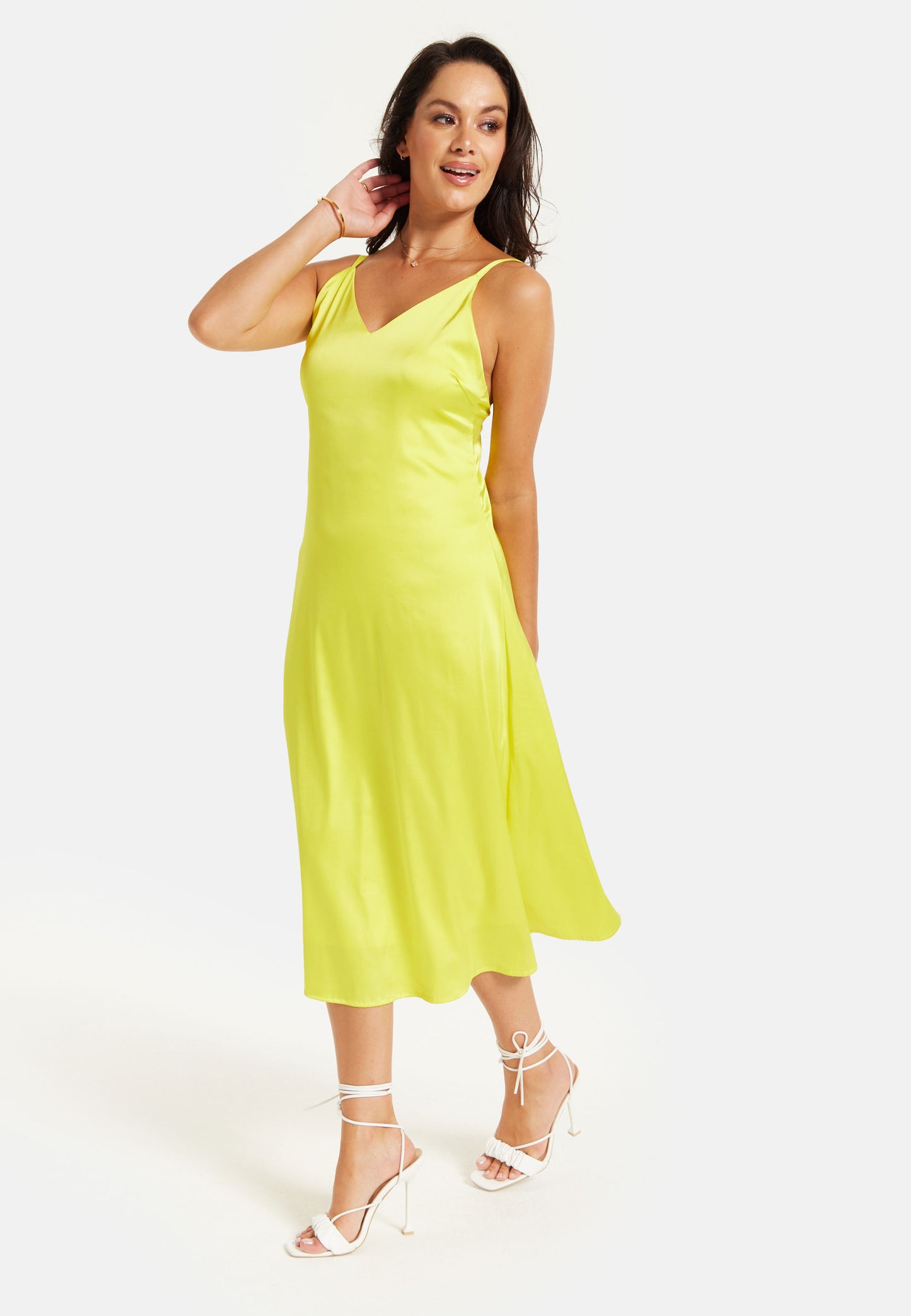 
                  
                    Liquorish Yellow Satin Midi Dress with Spaghetti Straps
                  
                