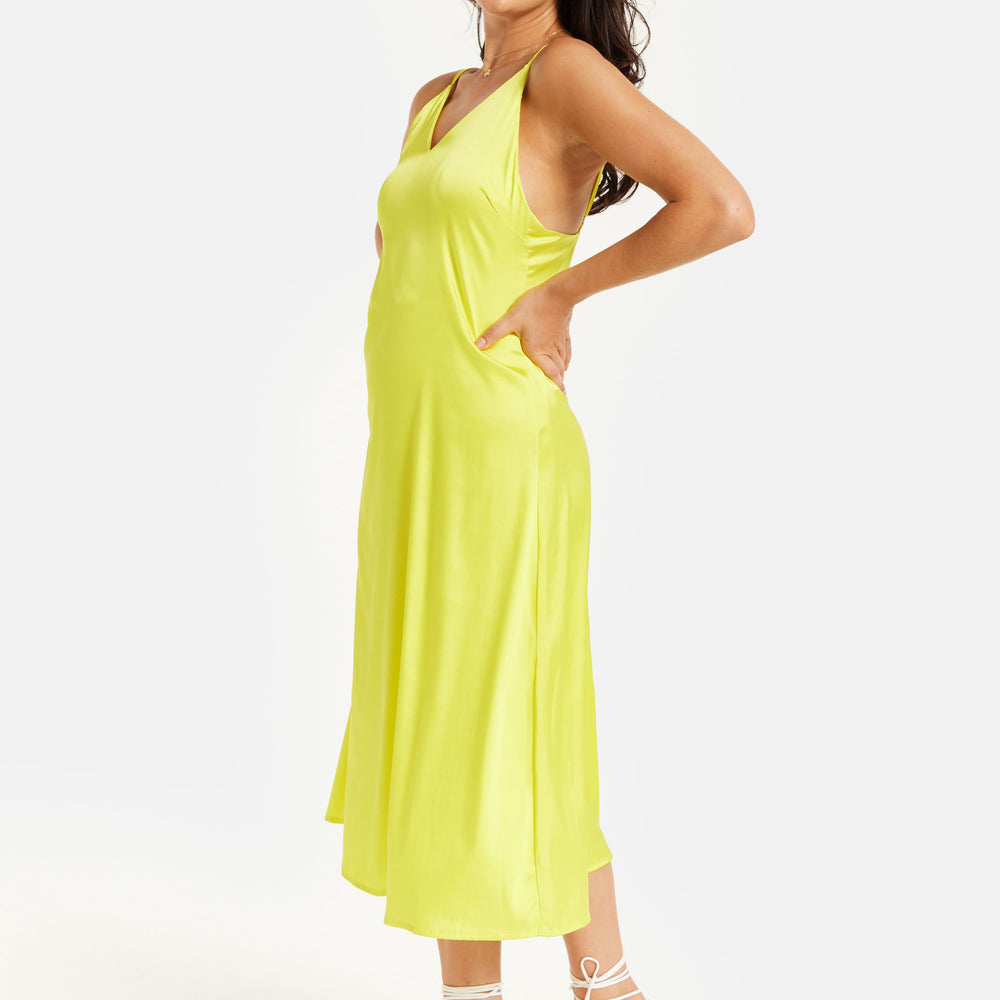 
                  
                    Women's Midi Dress in Yellow Satin with Spaghetti Straps and Deep V Neck - Liquorish
                  
                