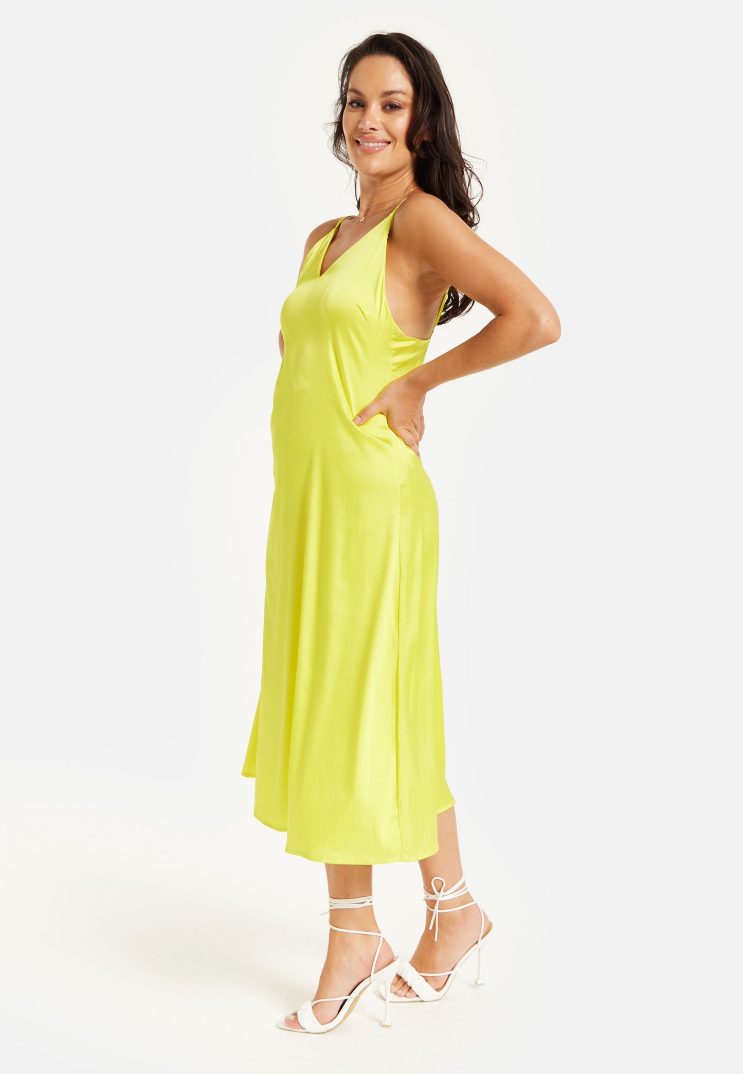 
                  
                    Liquorish Yellow Satin Midi Dress with Spaghetti Straps
                  
                