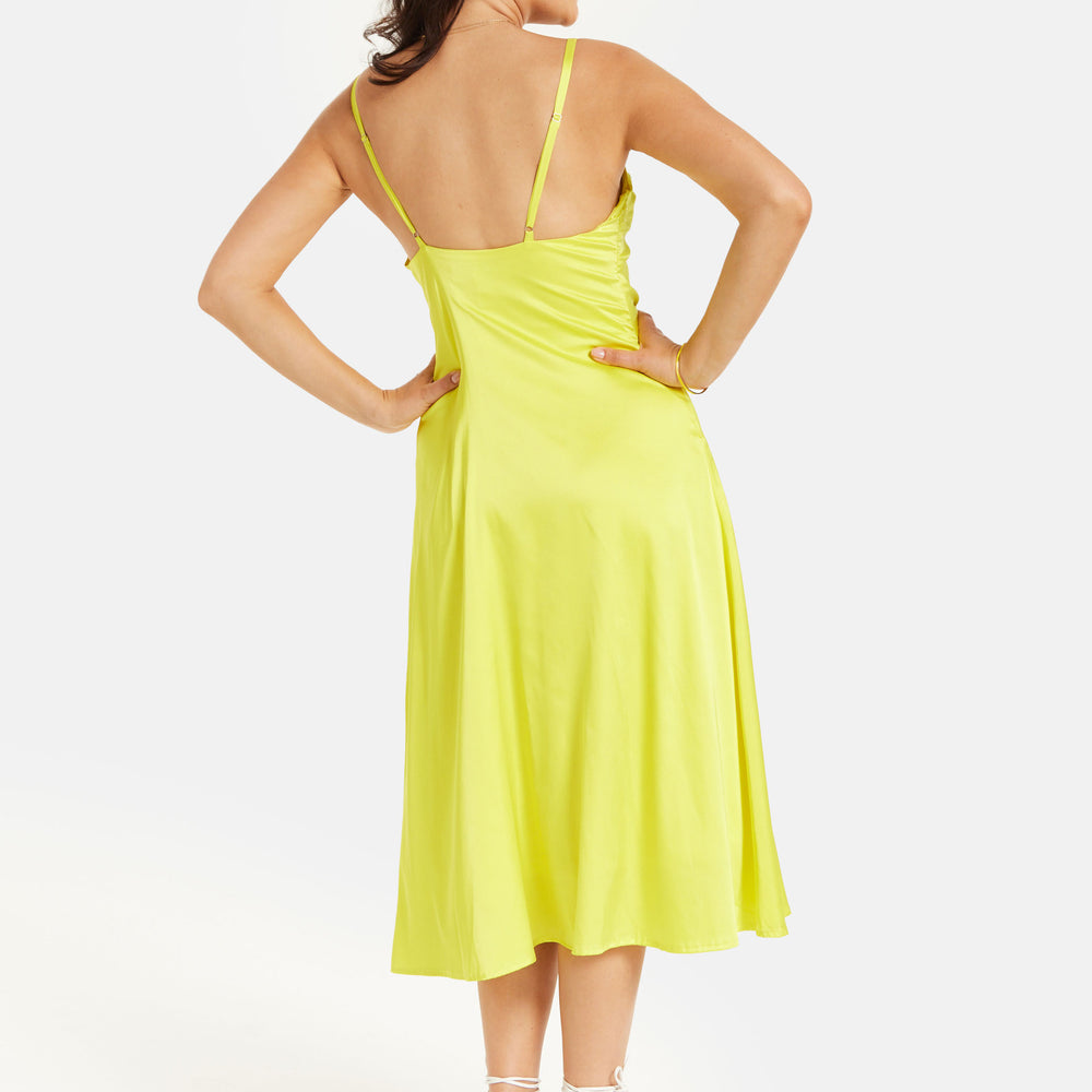 
                  
                    Women's Midi Dress in Yellow Satin with Spaghetti Straps and Deep V Neck - Liquorish
                  
                