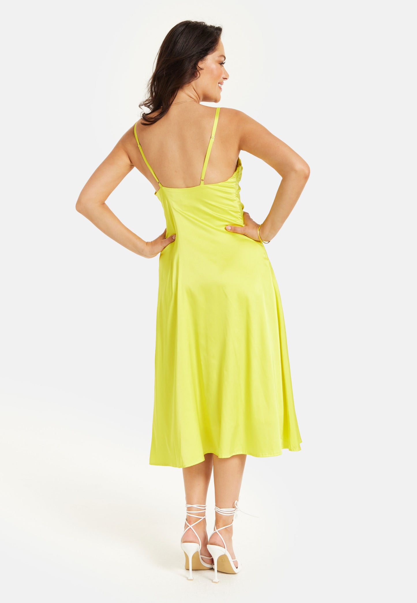 
                  
                    Liquorish Yellow Satin Midi Dress with Spaghetti Straps
                  
                