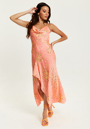 Liquorish Cowl Neck Abstract Animal Print Dress in Peach