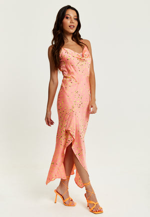Liquorish Cowl Neck Abstract Animal Print Dress in Peach