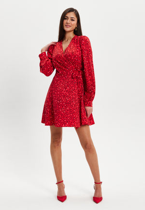 Liquorish Heart Print Mini Wrap Dress With Long Sleeves In Red