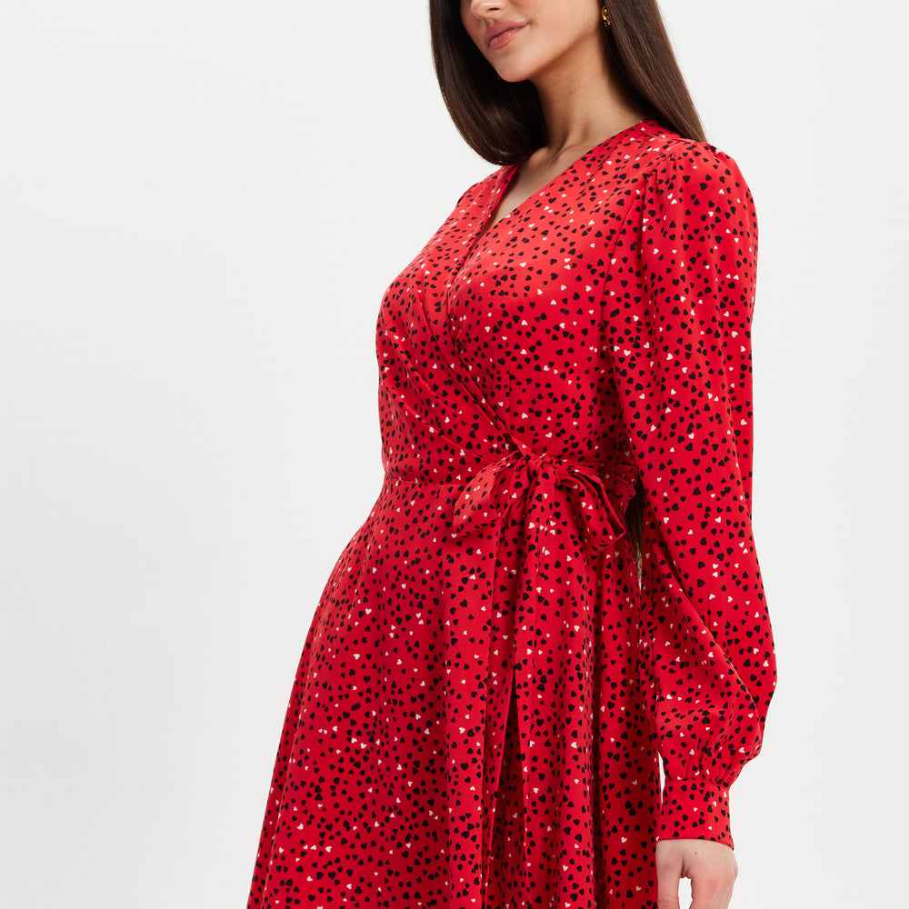 
                  
                    Liquorish Heart Print Mini Wrap Dress With Long Sleeves In Red
                  
                