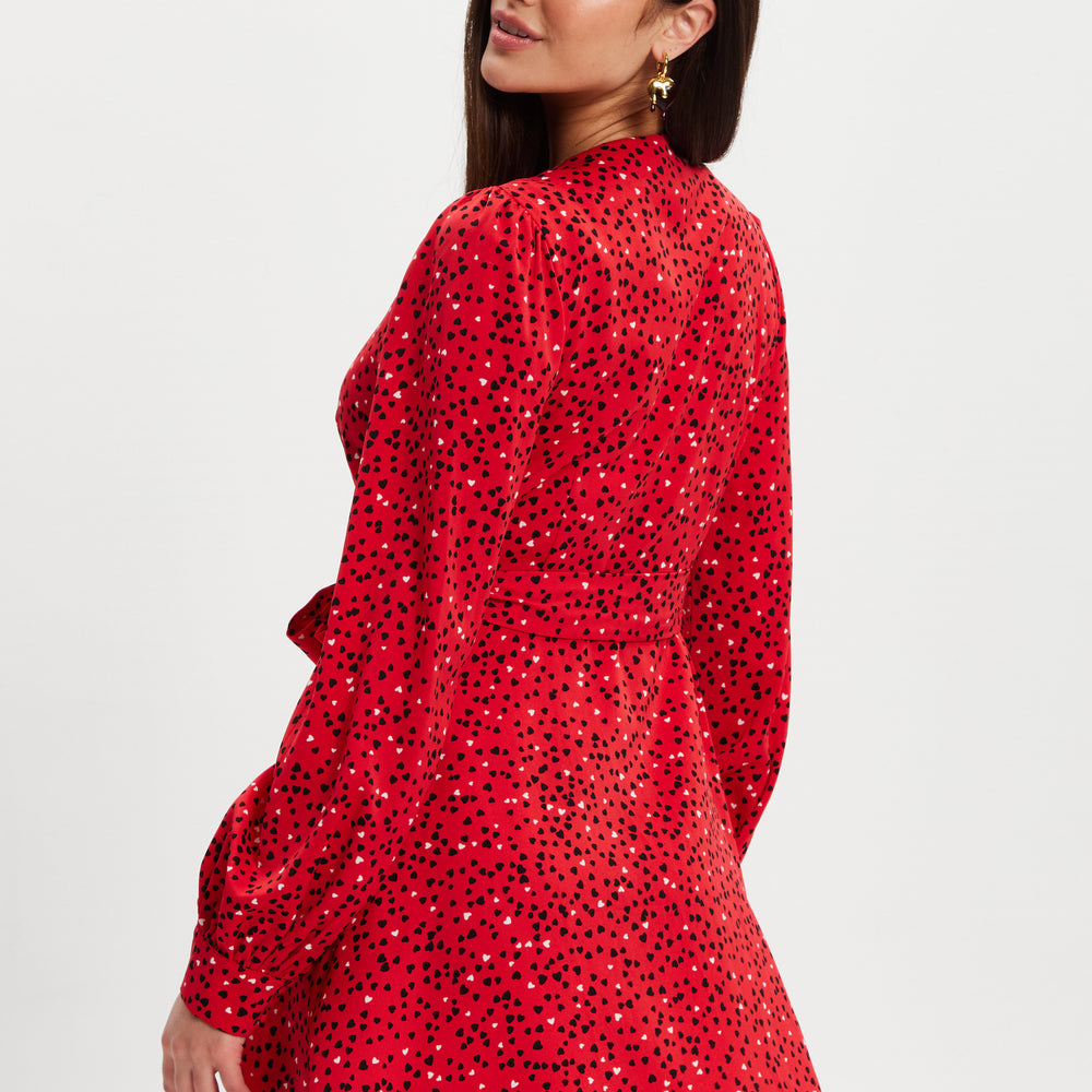 
                  
                    Liquorish Heart Print Mini Wrap Dress With Long Sleeves In Red
                  
                