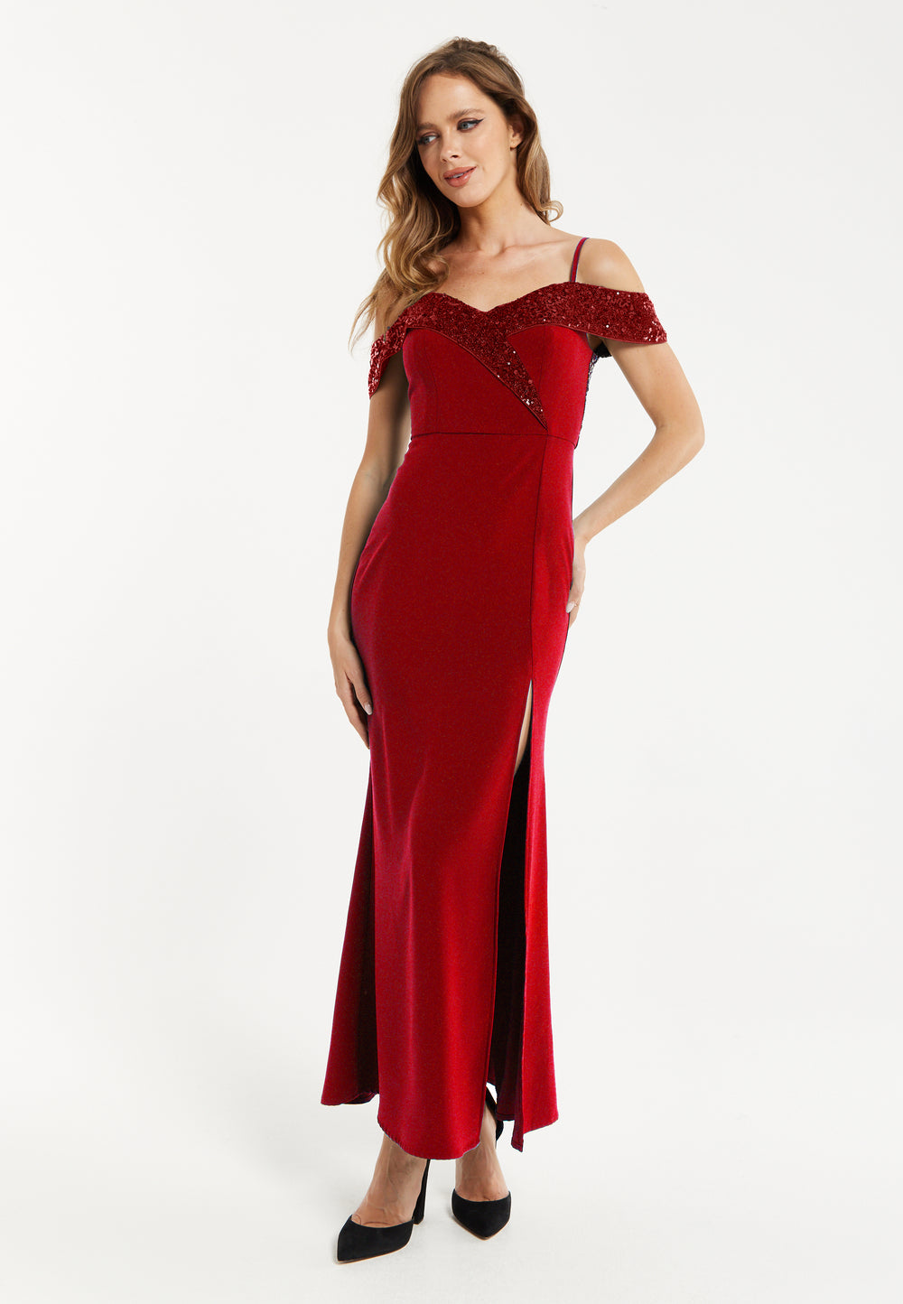 Women's Maxi Dress in Red with Off-Shoulder Design, Thigh-High Slit & Sequin Detail - Liquorish