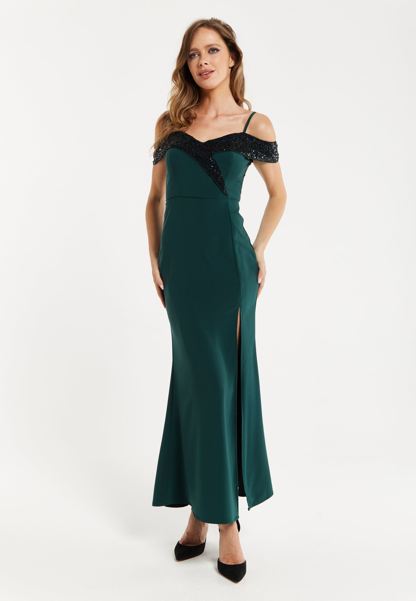 Women's Maxi Dress in Emerald Green with Off-Shoulder Design, Thigh-Hi Liquorish Online Women's Maxi Dress in Emerald Green with Off-Shoulder Design, Thigh-Hi Liquorish Online