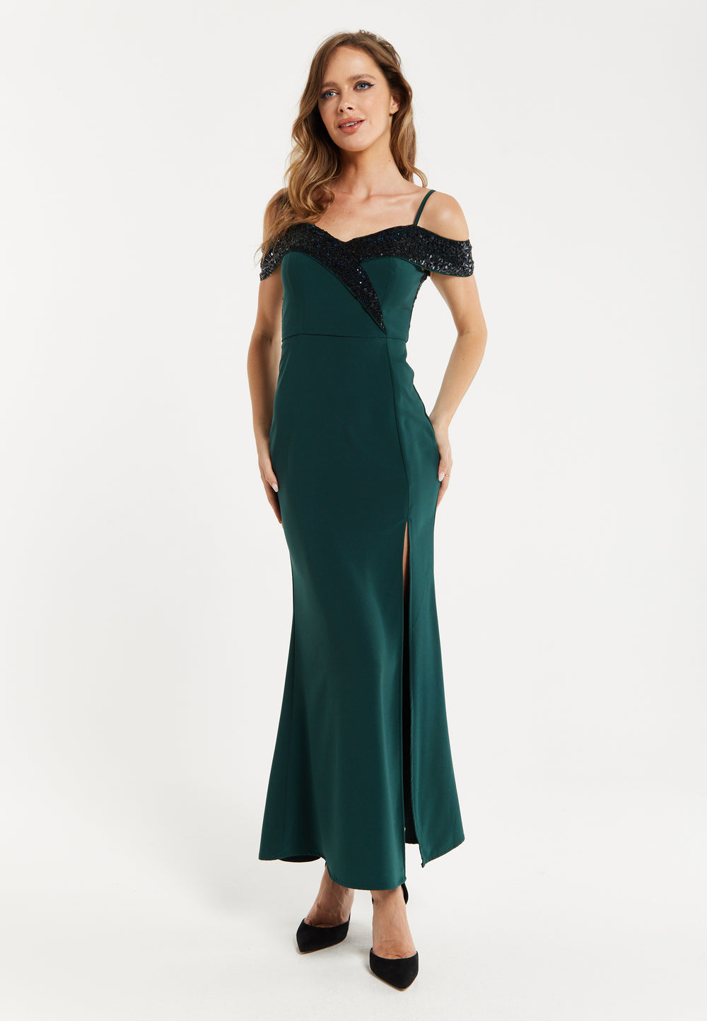 Women's Maxi Dress in Emerald Green with Off-Shoulder Design, Thigh-High Slit & Black Sequin Detail by Liquorish