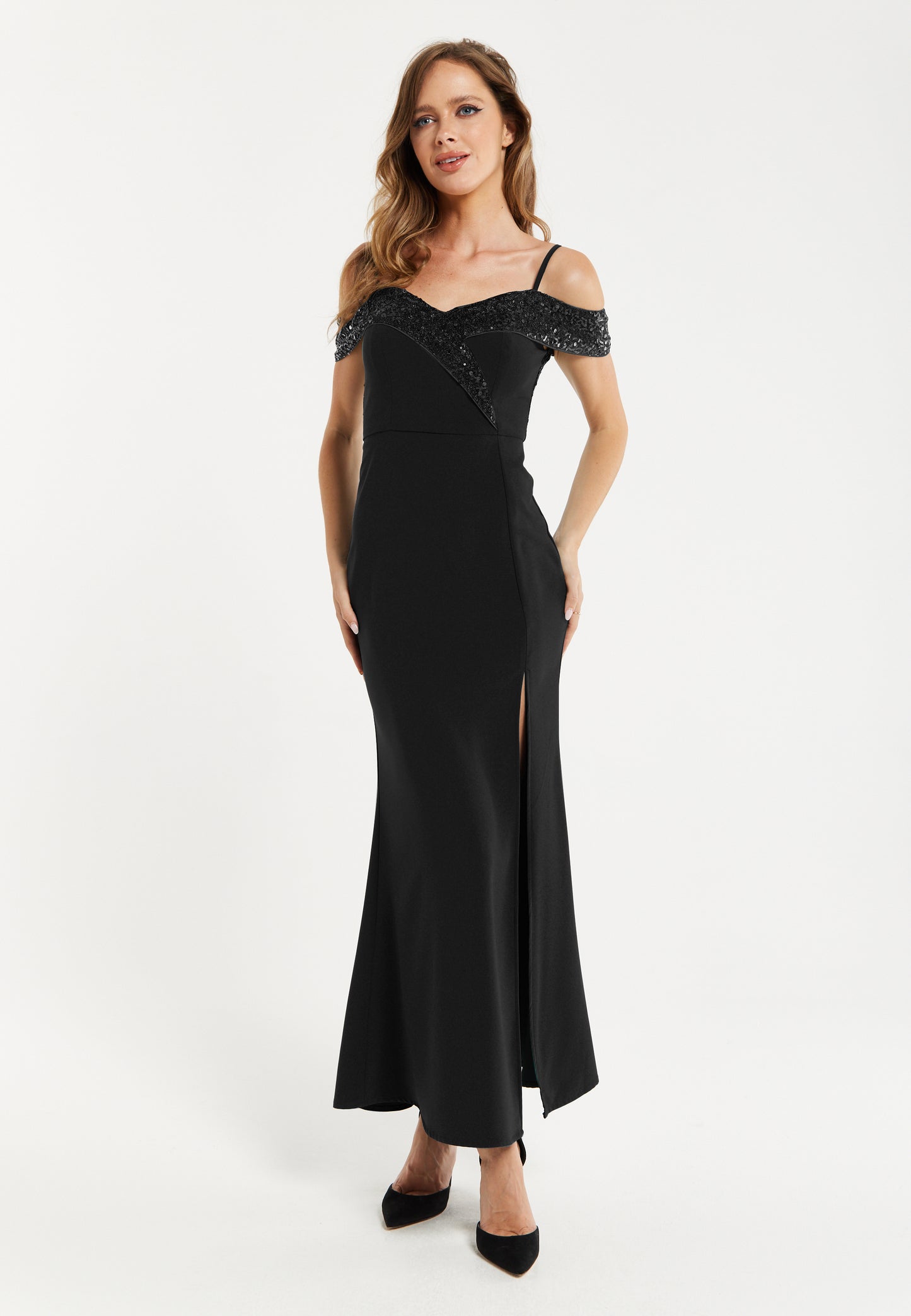 
                  
                    Liquorish Women's Maxi Dress in Black with Off-Shoulder Design, Thigh-High Slit & Sequin Detail
                  
                