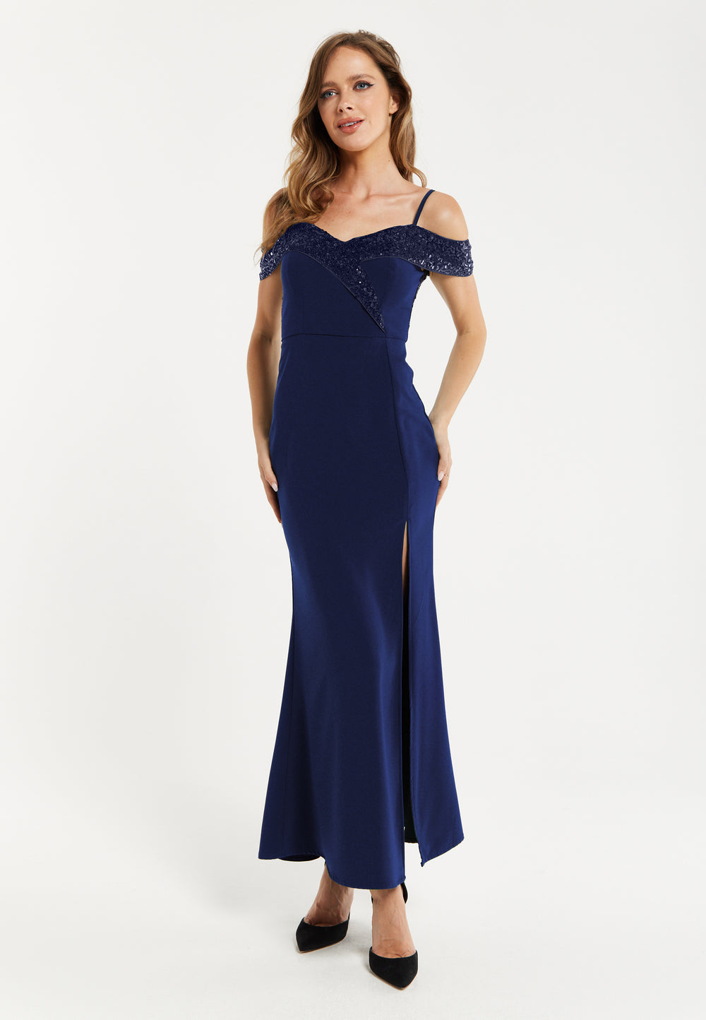 Women's Maxi Dress in Navy with Off-Shoulder Design, Thigh-High Slit & Sequin Detail by Liquorish