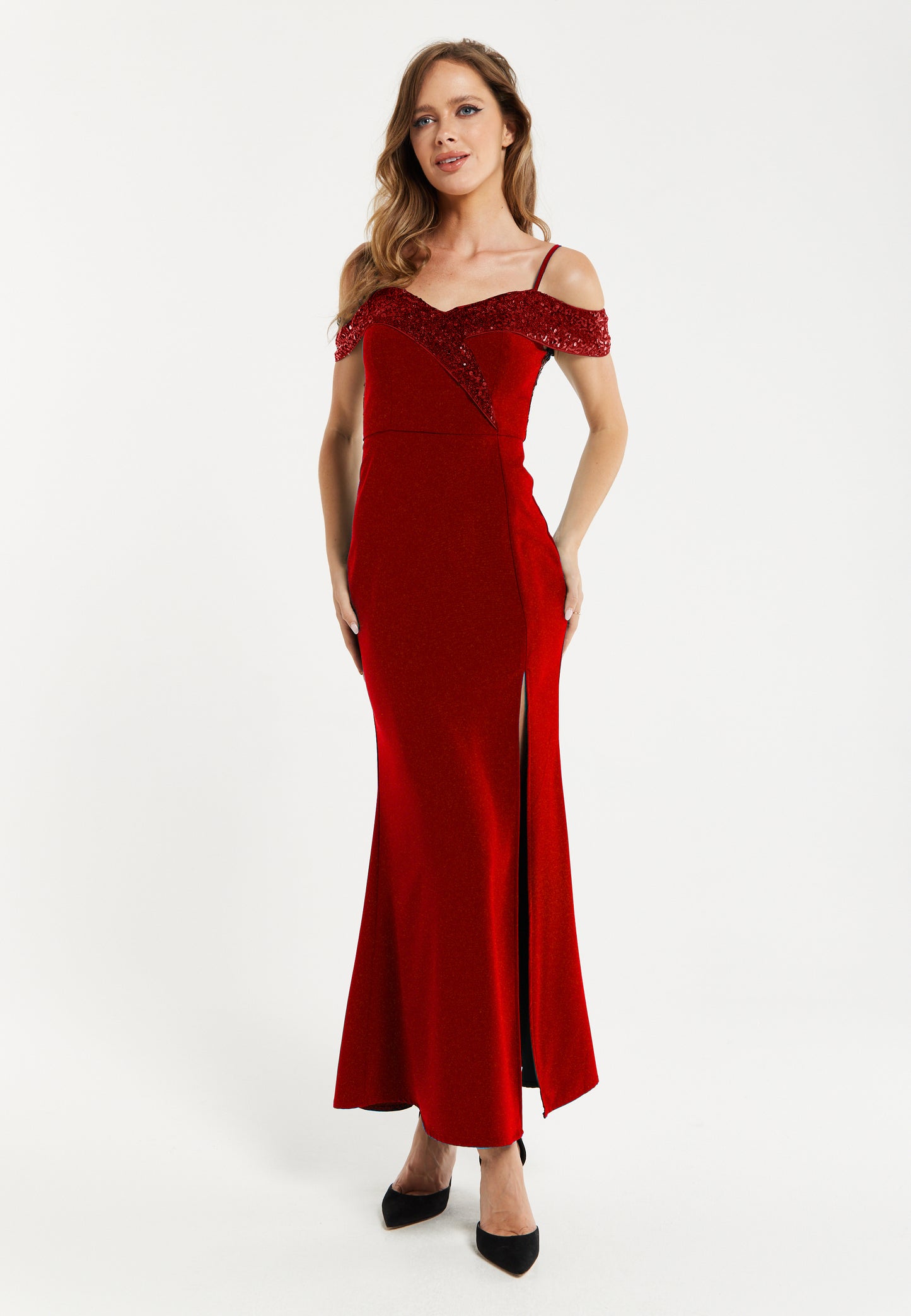 
                  
                    Women's Maxi Dress in Red with Off-Shoulder Design, Thigh-High Slit & Sequin Detail - Liquorish
                  
                