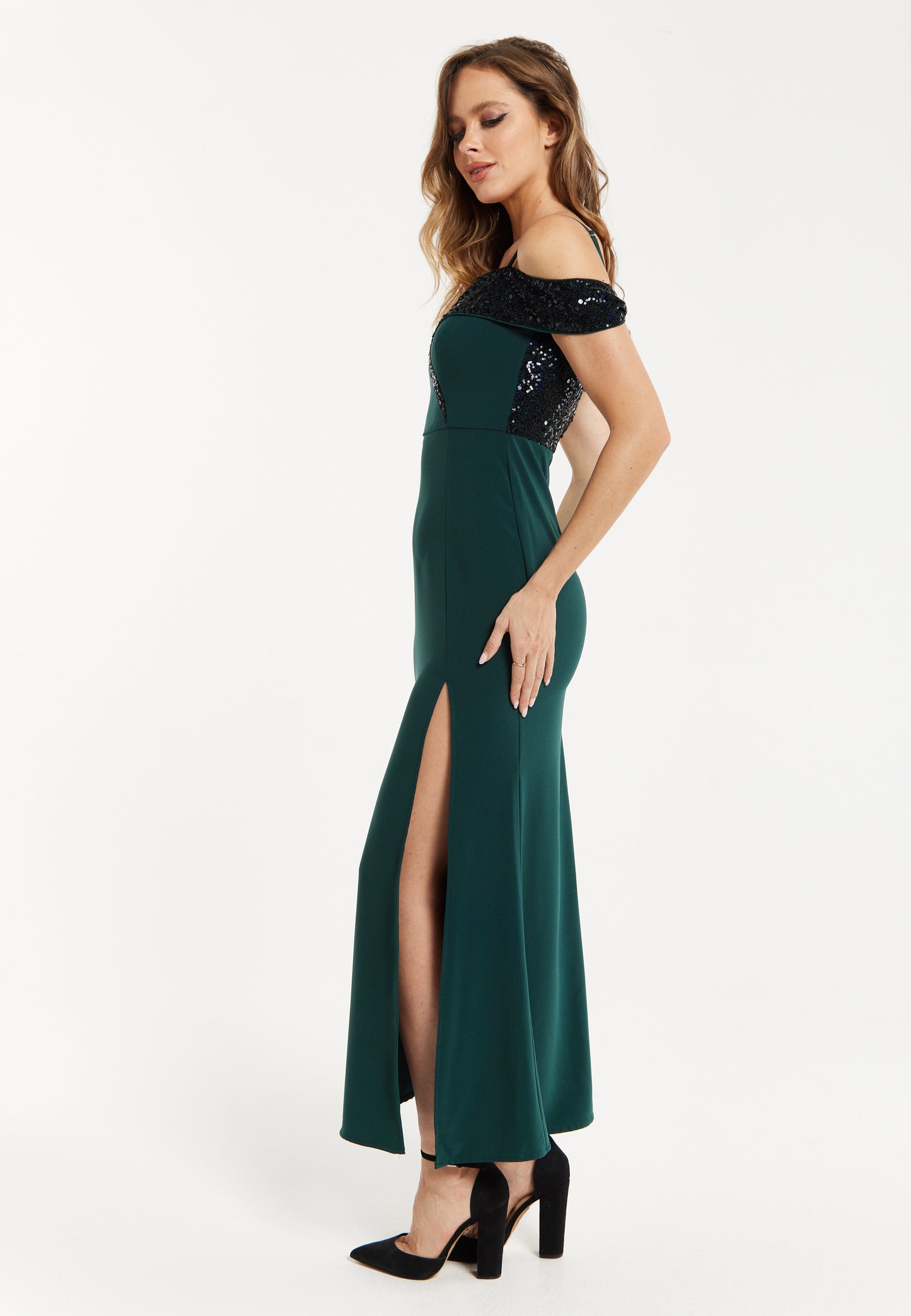 
                  
                    Women's Maxi Dress in Emerald Green with Off-Shoulder Design, Thigh-High Slit & Black Sequin Detail by Liquorish
                  
                