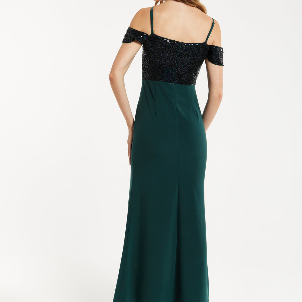 
                  
                    Women's Maxi Dress in Emerald Green with Off-Shoulder Design, Thigh-High Slit & Black Sequin Detail by Liquorish
                  
                