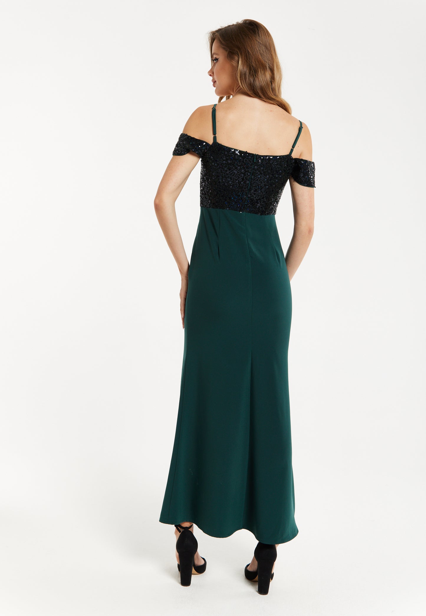 
                  
                    Women's Maxi Dress in Emerald Green with Off-Shoulder Design, Thigh-High Slit & Black Sequin Detail by Liquorish
                  
                