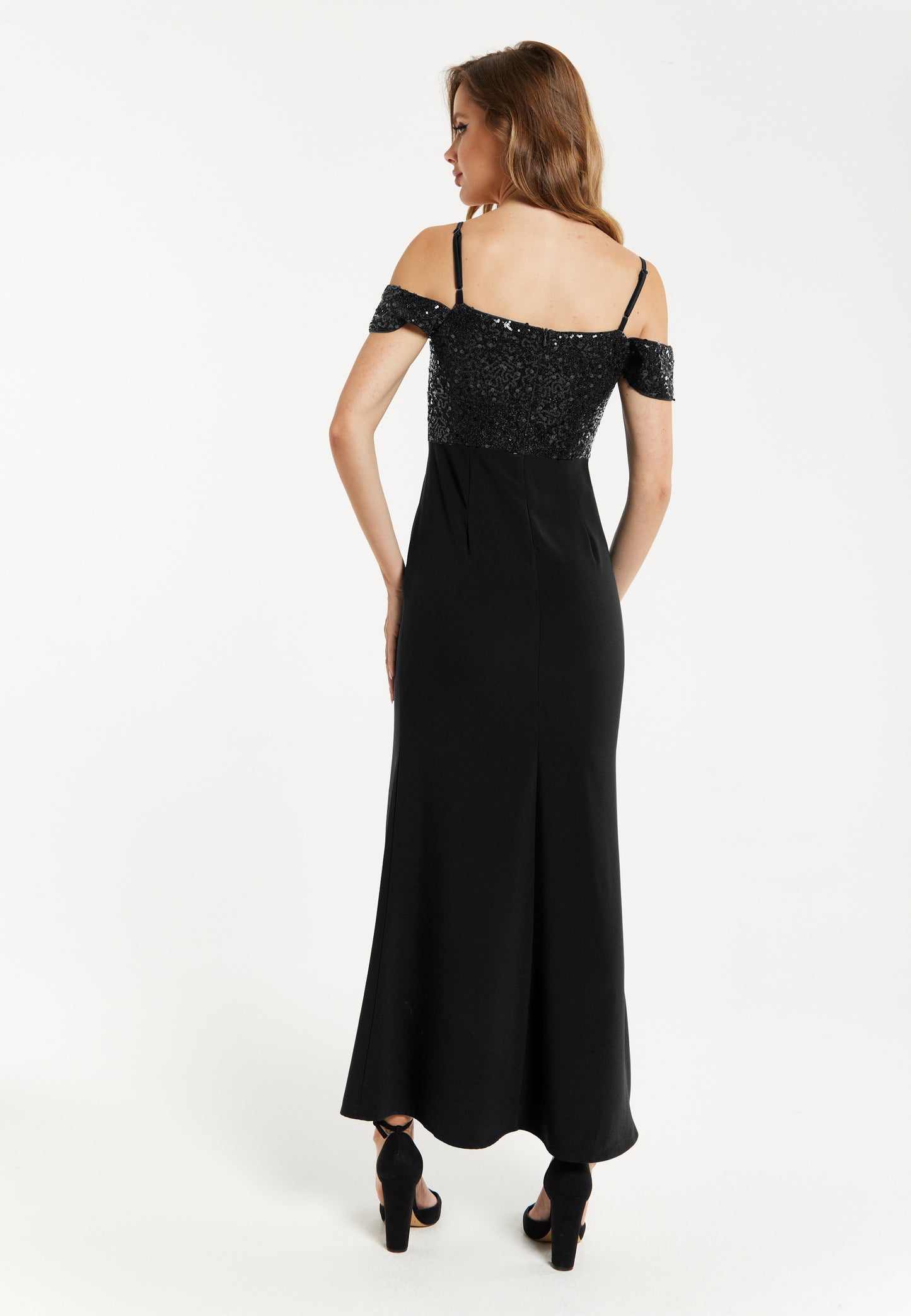 
                  
                    Liquorish Women's Maxi Dress in Black with Off-Shoulder Design, Thigh-High Slit & Sequin Detail
                  
                