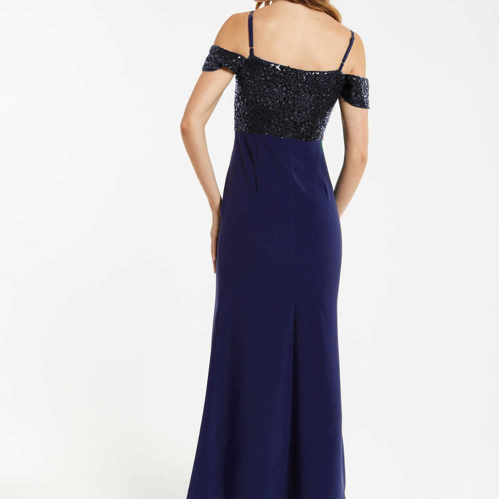 
                  
                    Women's Maxi Dress in Navy with Off-Shoulder Design, Thigh-High Slit & Sequin Detail by Liquorish
                  
                