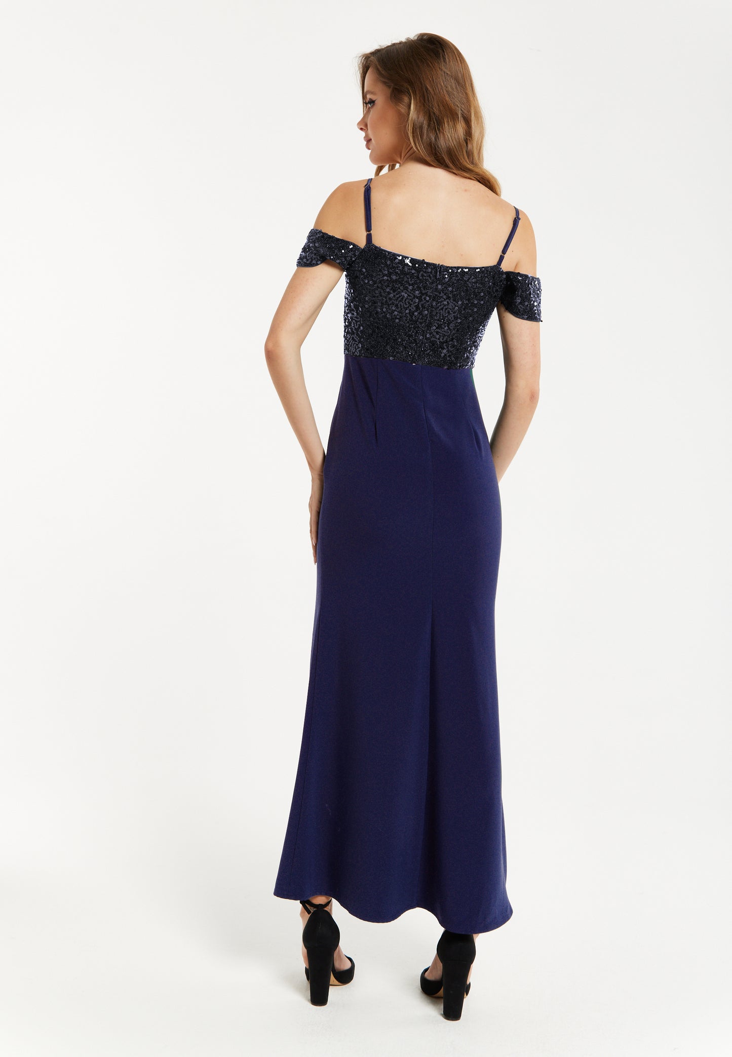 
                  
                    Women's Maxi Dress in Navy with Off-Shoulder Design, Thigh-High Slit & Sequin Detail by Liquorish
                  
                