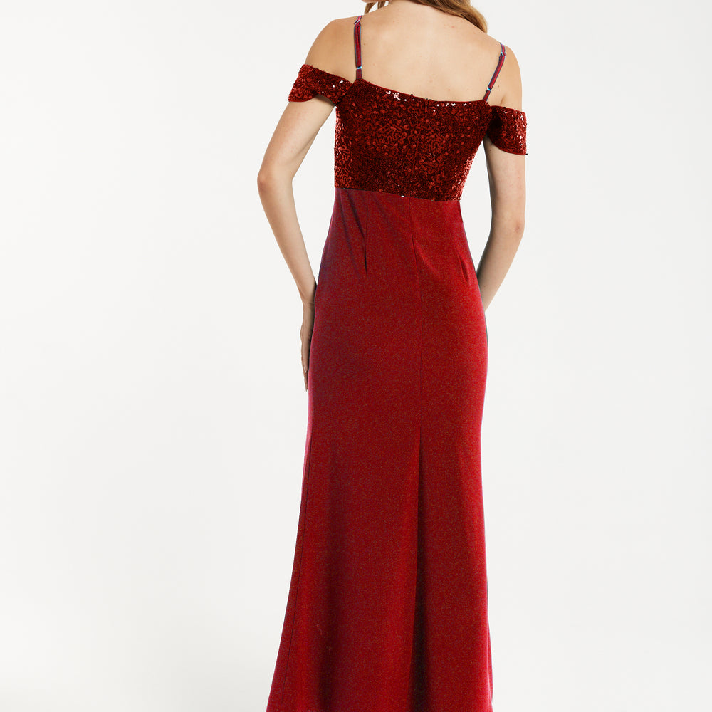 
                  
                    Women's Maxi Dress in Red with Off-Shoulder Design, Thigh-High Slit & Sequin Detail - Liquorish
                  
                