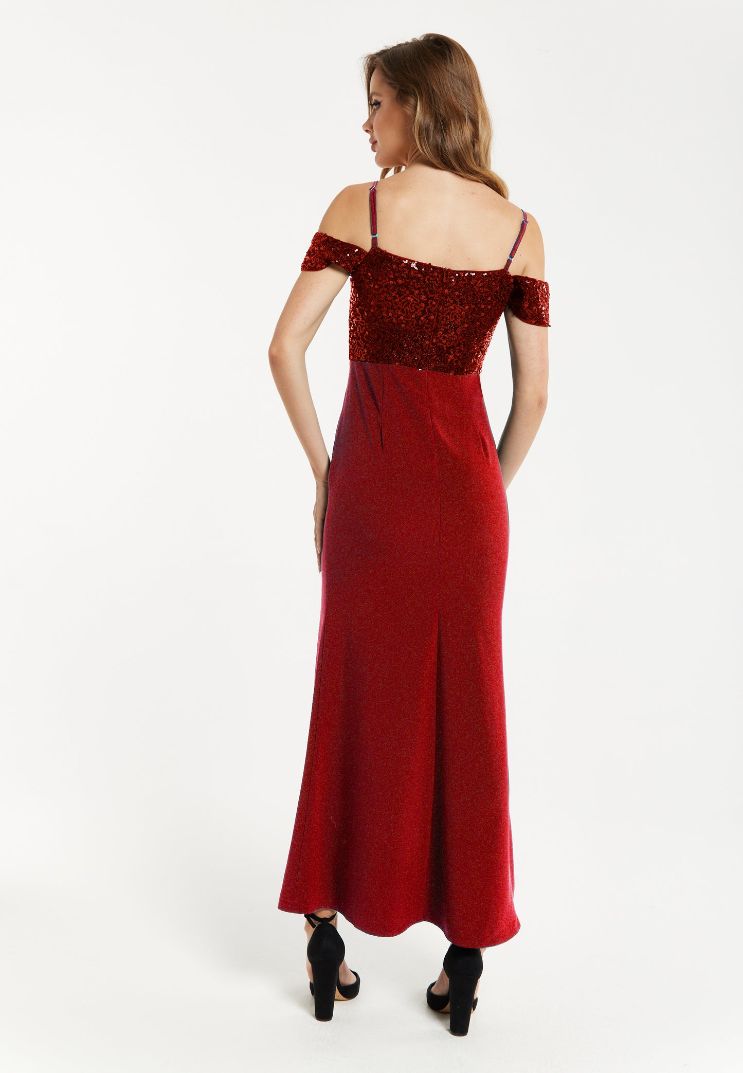 
                  
                    Women's Maxi Dress in Red with Off-Shoulder Design, Thigh-High Slit & Sequin Detail - Liquorish
                  
                